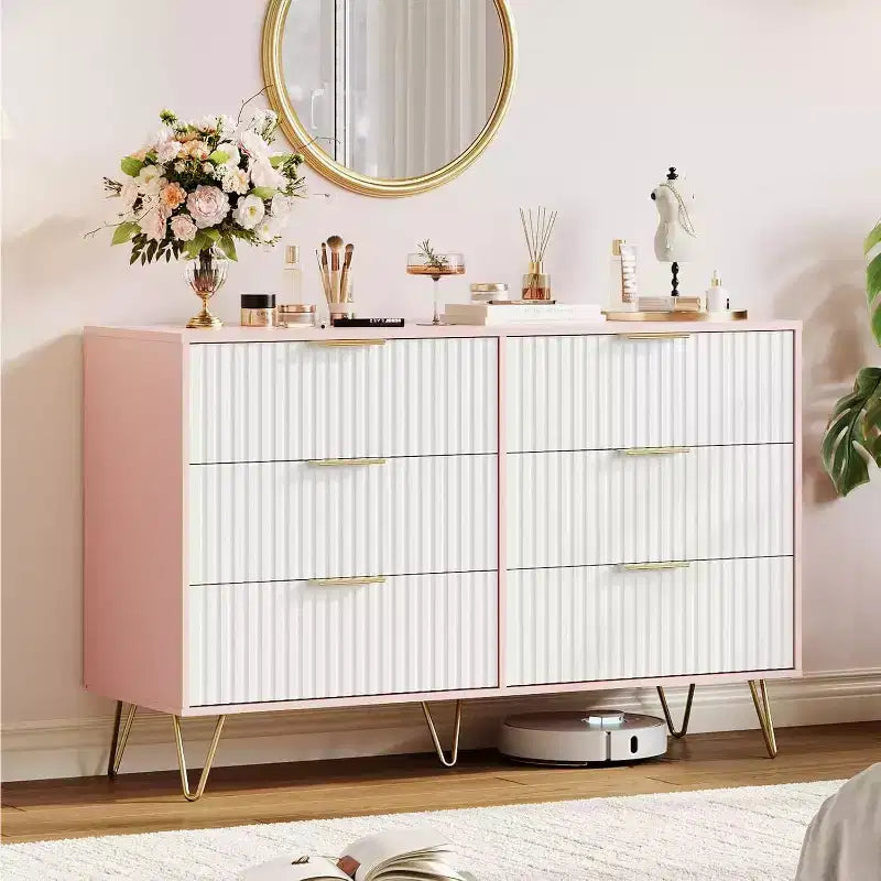 Fluted Dresser for Bedroom with 6 Drawers, 47 Wide Chest of Wooden Bedroom Chest with Metal Handle, Clothes Storage Organizer, Dresser & TV Stand