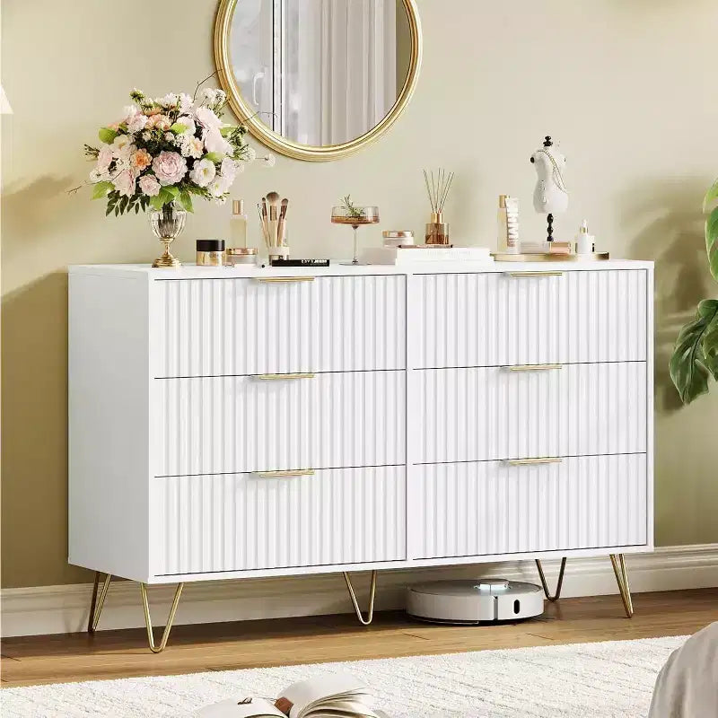 Fluted Dresser for Bedroom with 6 Drawers, 47 Wide Chest of Wooden Bedroom Chest with Metal Handle, Clothes Storage Organizer, Dresser & TV Stand