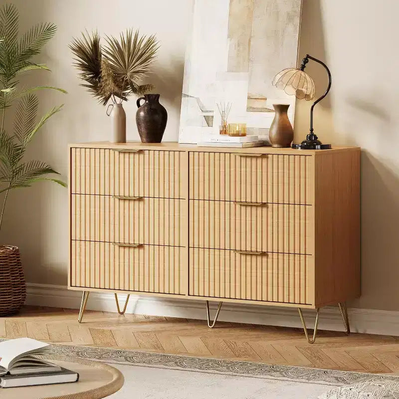 Fluted Dresser for Bedroom with 6 Drawers, 47 Wide Chest of Wooden Bedroom Chest with Metal Handle, Clothes Storage Organizer, Dresser & TV Stand