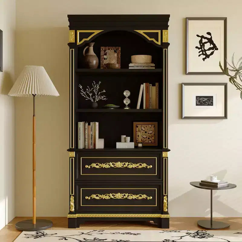 Famapy Black & Gold Ornate Storage Display Cabinet Open Shelves + Drawer Unit
