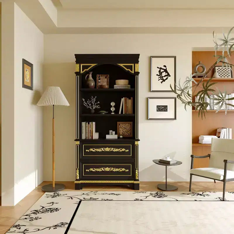 Famapy Black & Gold Ornate Storage Display Cabinet Open Shelves + Drawer Unit