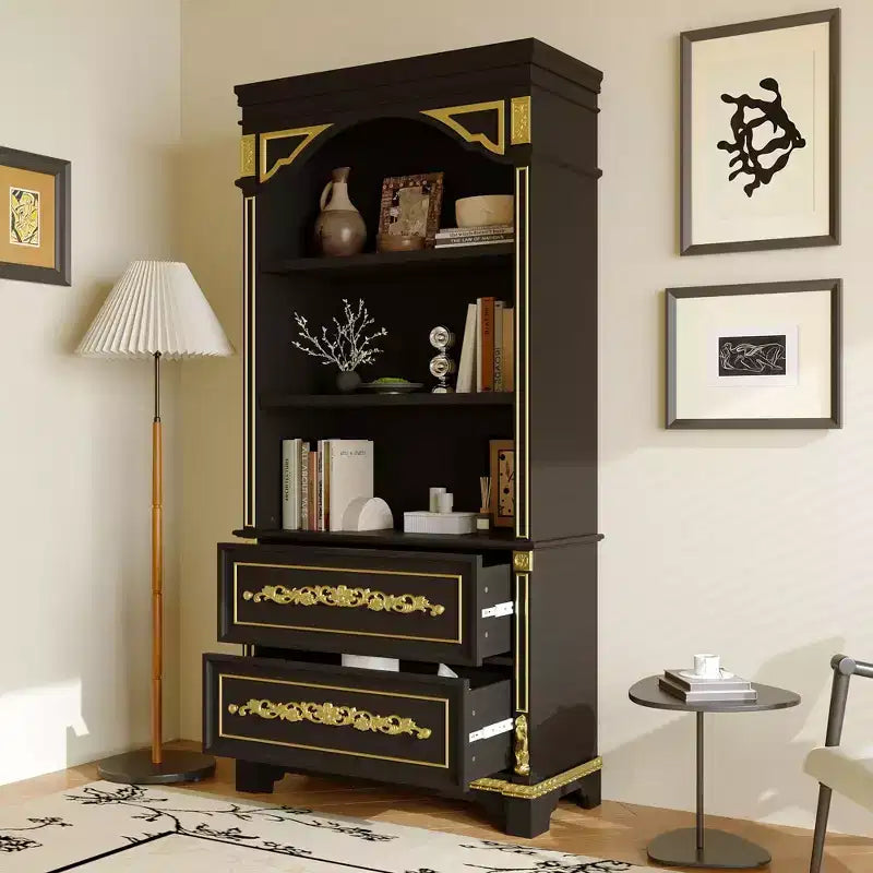 Famapy Black & Gold Ornate Storage Display Cabinet Open Shelves + Drawer Unit