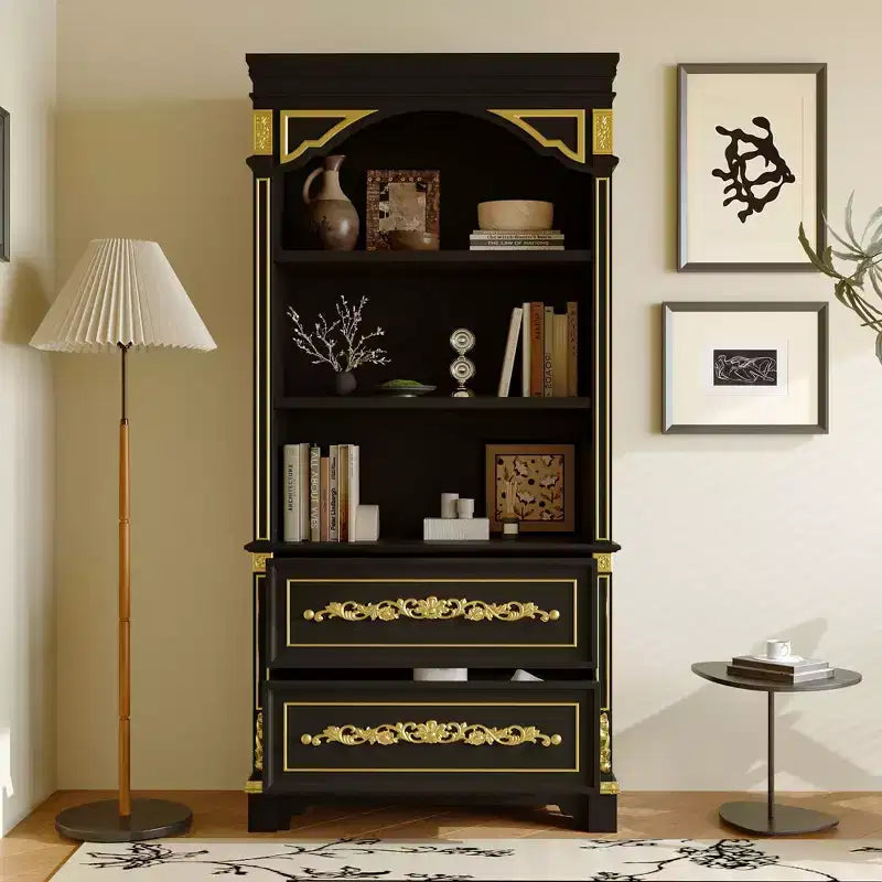 Famapy Black & Gold Ornate Storage Display Cabinet Open Shelves + Drawer Unit