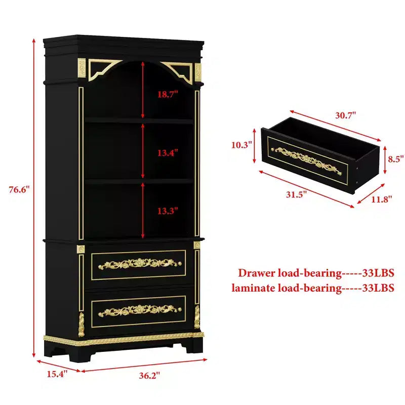 Famapy Black & Gold Ornate Storage Display Cabinet Open Shelves + Drawer Unit