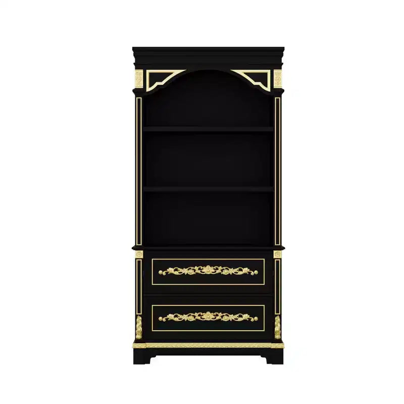 Famapy Black & Gold Ornate Storage Display Cabinet Open Shelves + Drawer Unit