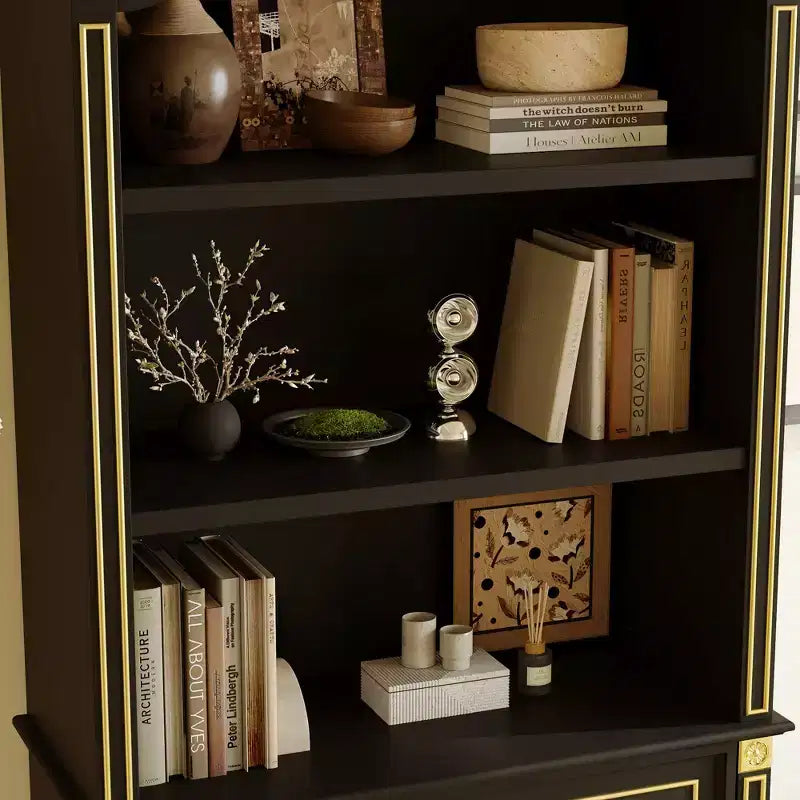 Famapy Black & Gold Ornate Storage Display Cabinet Open Shelves + Drawer Unit