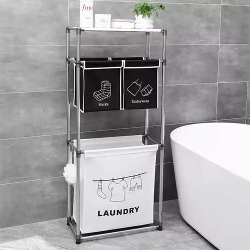 3 Tier Laundry Hamper with Removable Bags, Metal Hooks, and Wide Shelf - Large Clothes Basket Sorter for Laundry Room and Toy Storage