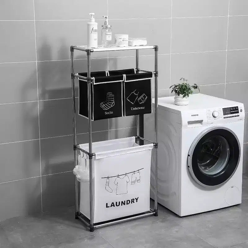 3 Tier Laundry Hamper with Removable Bags, Metal Hooks, and Wide Shelf - Large Clothes Basket Sorter for Laundry Room and Toy Storage