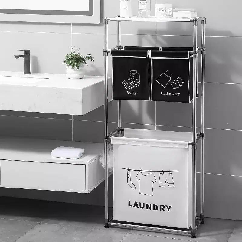 3 Tier Laundry Hamper with Removable Bags, Metal Hooks, and Wide Shelf - Large Clothes Basket Sorter for Laundry Room and Toy Storage