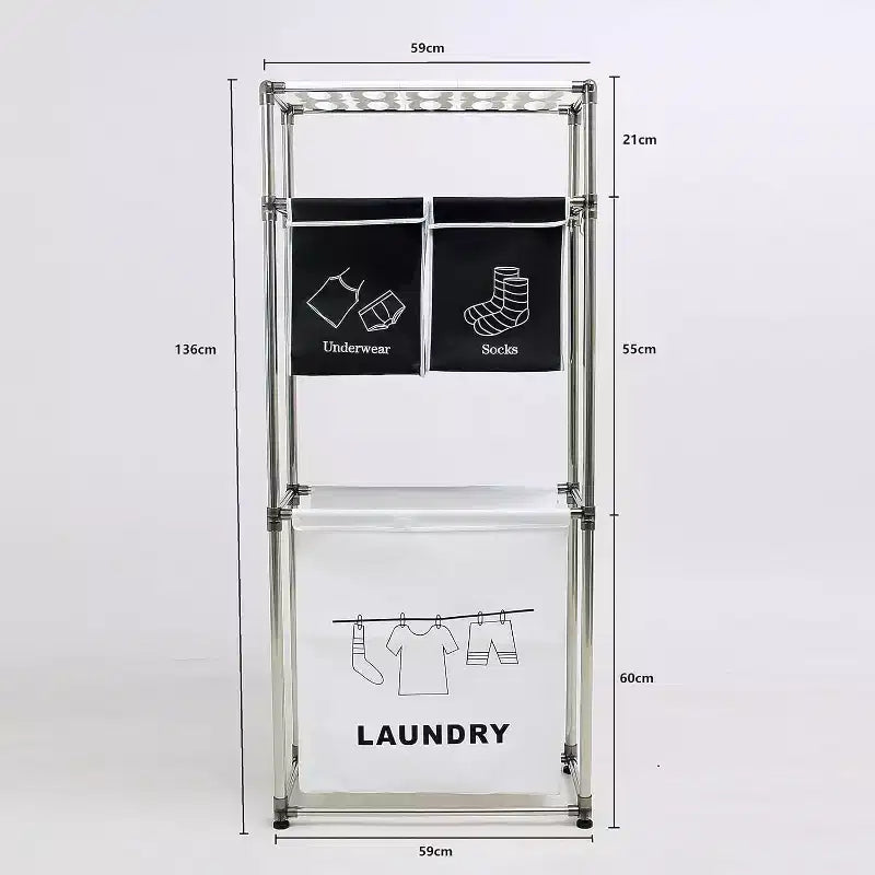 3 Tier Laundry Hamper with Removable Bags, Metal Hooks, and Wide Shelf - Large Clothes Basket Sorter for Laundry Room and Toy Storage