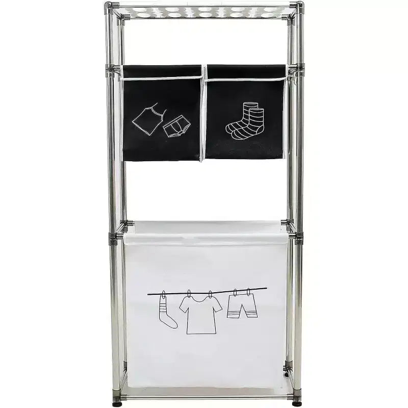 3 Tier Laundry Hamper with Removable Bags, Metal Hooks, and Wide Shelf - Large Clothes Basket Sorter for Laundry Room and Toy Storage