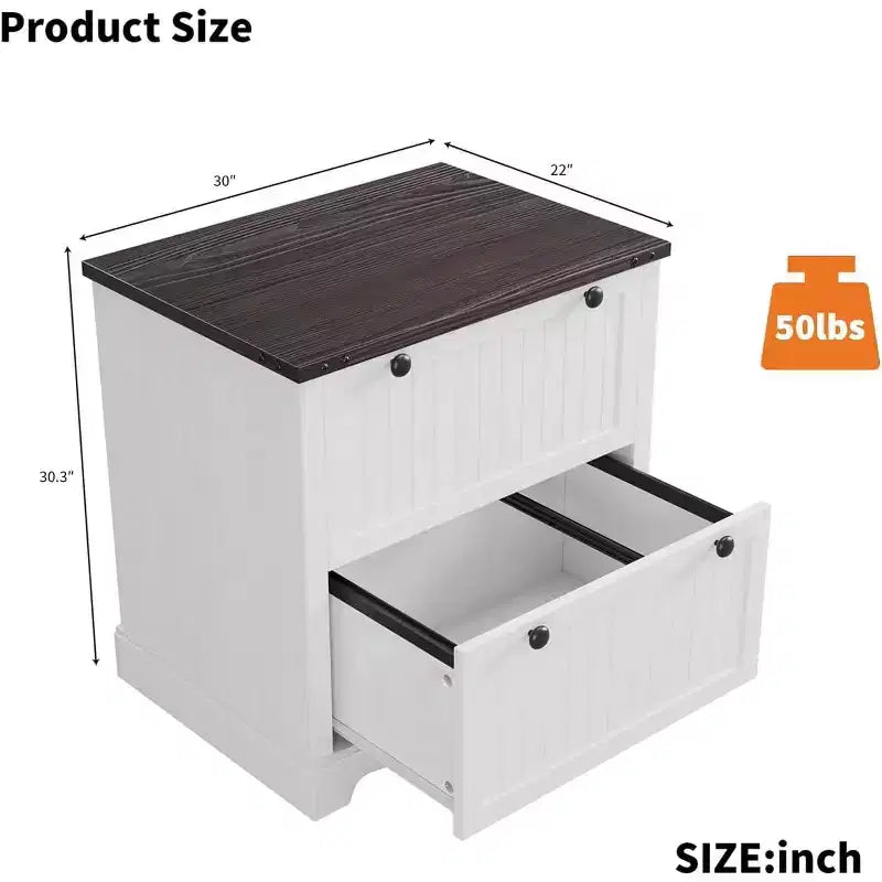 Acekool 2 Drawer File Cabinet with Hanging Folders, Rustic Wood Top Storage Organizer for Home Office, White