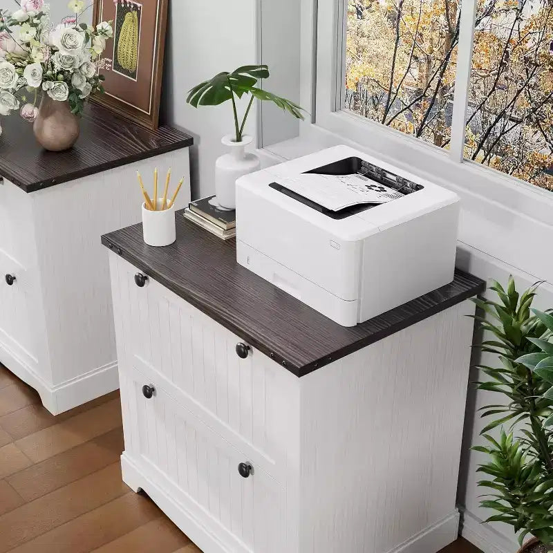 Acekool 2 Drawer File Cabinet with Hanging Folders, Rustic Wood Top Storage Organizer for Home Office, White