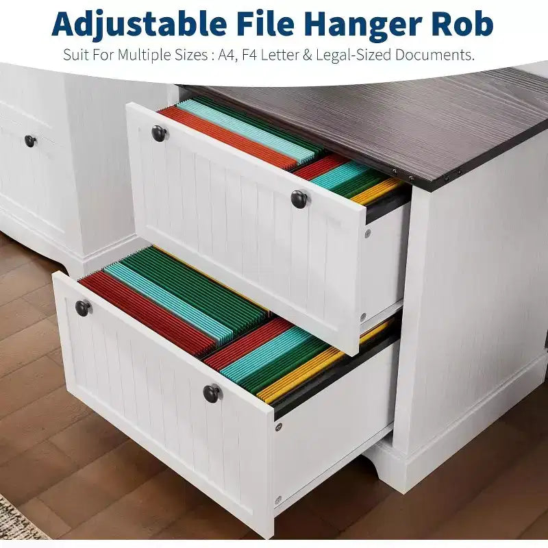 Acekool 2 Drawer File Cabinet with Hanging Folders, Rustic Wood Top Storage Organizer for Home Office, White