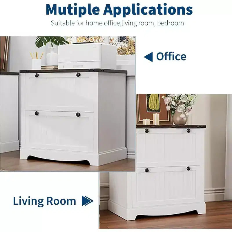 Acekool 2 Drawer File Cabinet with Hanging Folders, Rustic Wood Top Storage Organizer for Home Office, White