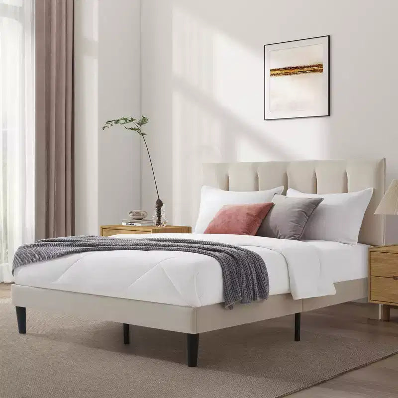 FERPIT Upholstered Platform Bed Frame with Vertical Stripe Headboard