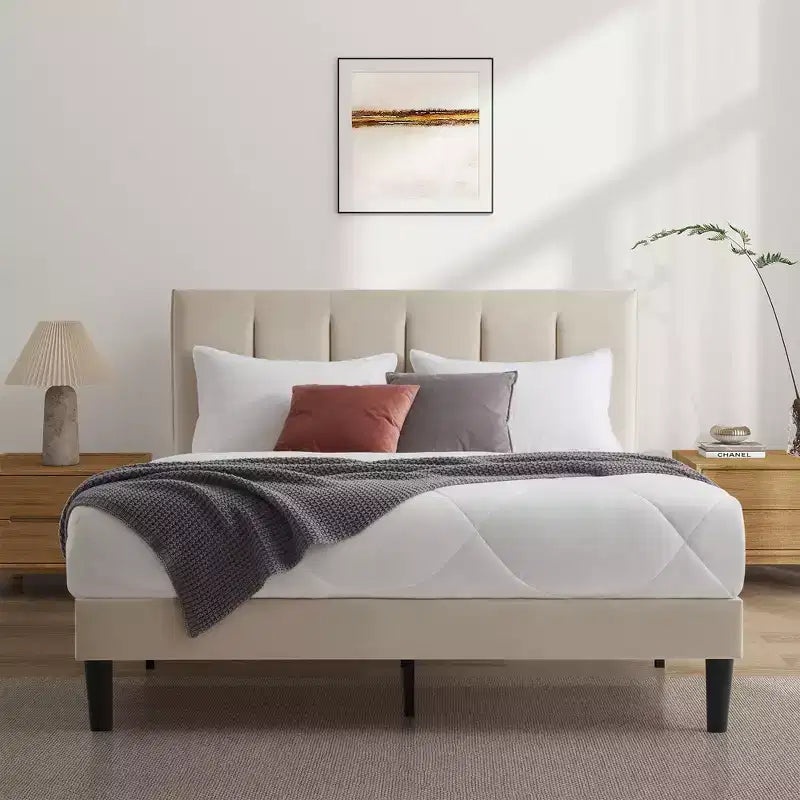 FERPIT Upholstered Platform Bed Frame with Vertical Stripe Headboard