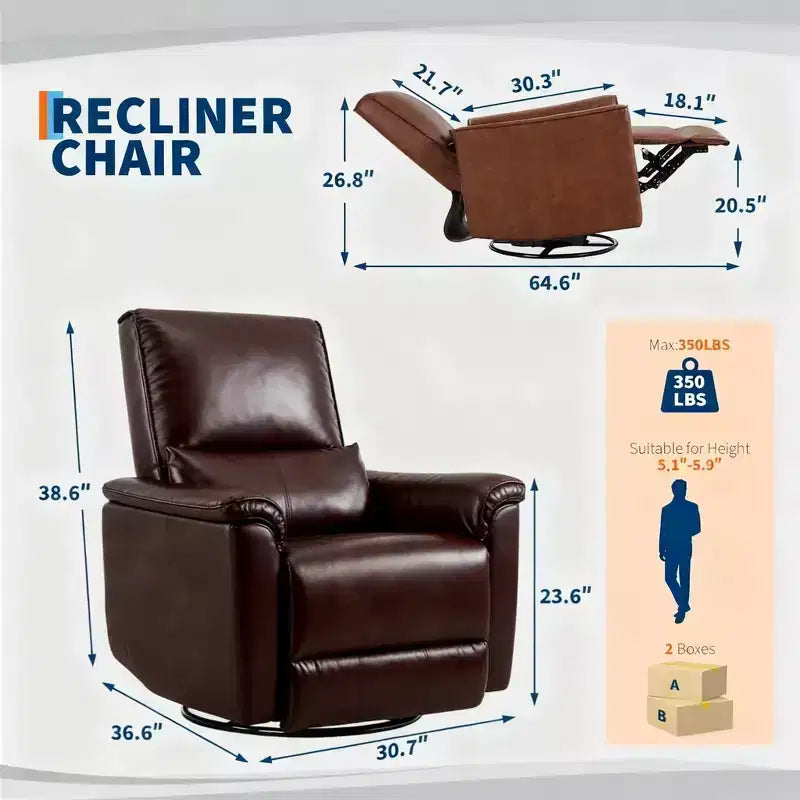 Swivel Rocking Nursery Recliner Chair Rocker Recliner Glider Deep Seat PU Leather Sofa Chair with high Backrest for Nursery, Living Room(Dark Brown)