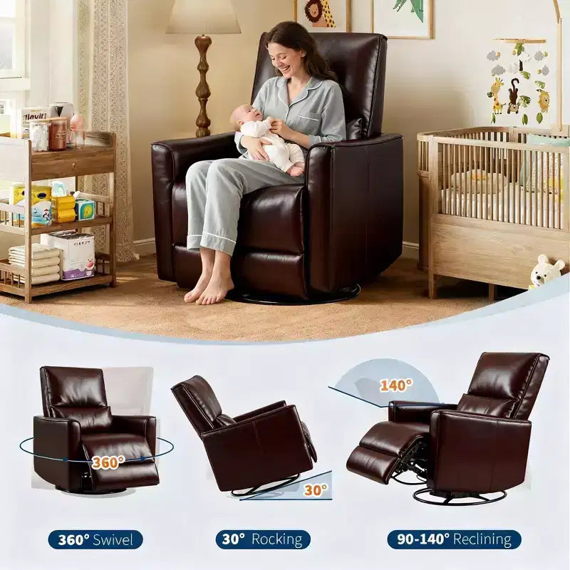 Swivel Rocking Nursery Recliner Chair Rocker Recliner Glider Deep Seat PU Leather Sofa Chair with high Backrest for Nursery, Living Room(Dark Brown)
