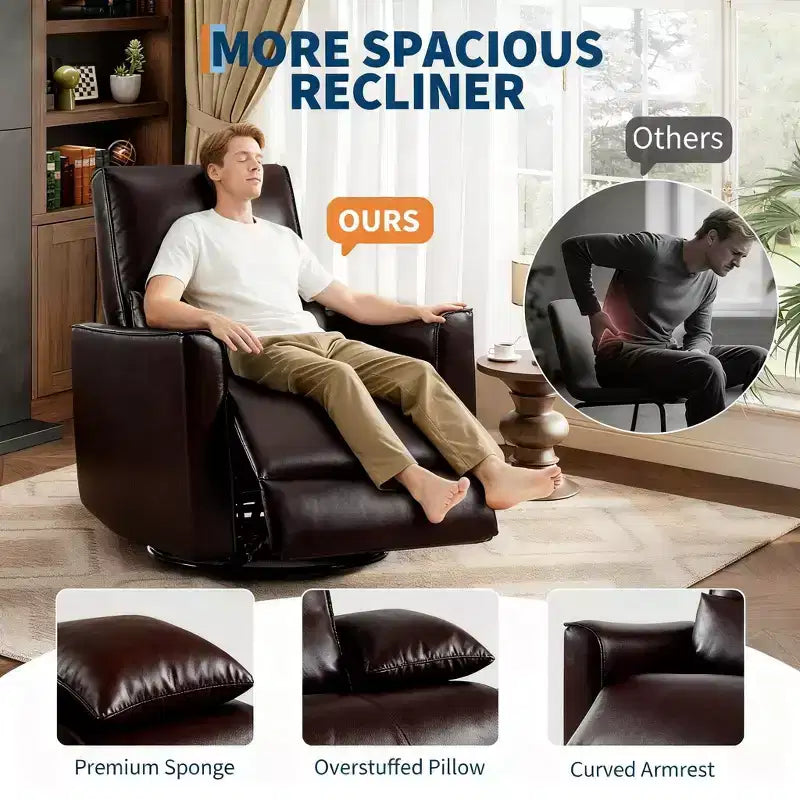 Swivel Rocking Nursery Recliner Chair Rocker Recliner Glider Deep Seat PU Leather Sofa Chair with high Backrest for Nursery, Living Room(Dark Brown)