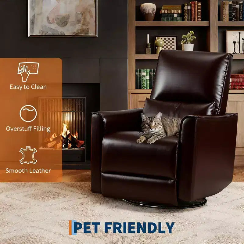 Swivel Rocking Nursery Recliner Chair Rocker Recliner Glider Deep Seat PU Leather Sofa Chair with high Backrest for Nursery, Living Room(Dark Brown)
