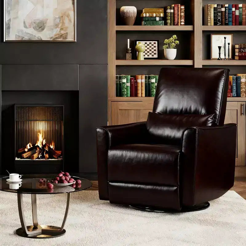 Swivel Rocking Nursery Recliner Chair Rocker Recliner Glider Deep Seat PU Leather Sofa Chair with high Backrest for Nursery, Living Room(Dark Brown)