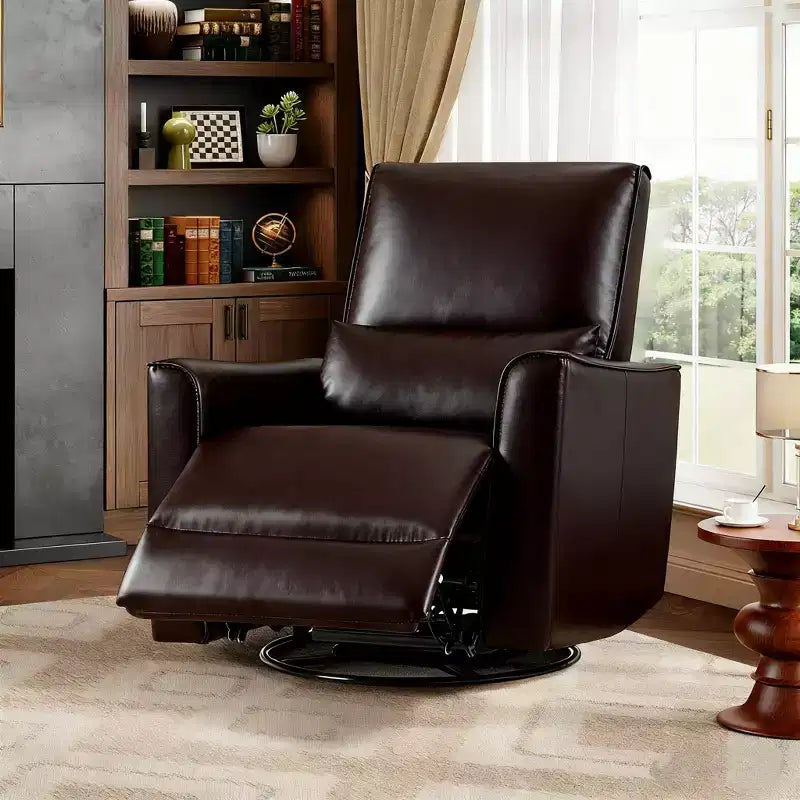 Swivel Rocking Nursery Recliner Chair Rocker Recliner Glider Deep Seat PU Leather Sofa Chair with high Backrest for Nursery, Living Room(Dark Brown)