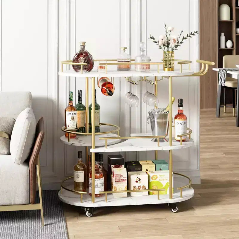 Gold Bar Carts with 4-Tiers Storage Shelves, Mobile Bar Serving Carts on Wheels with Wine Rack and Glass Holder for Kitchen, Dining Room, Living Room