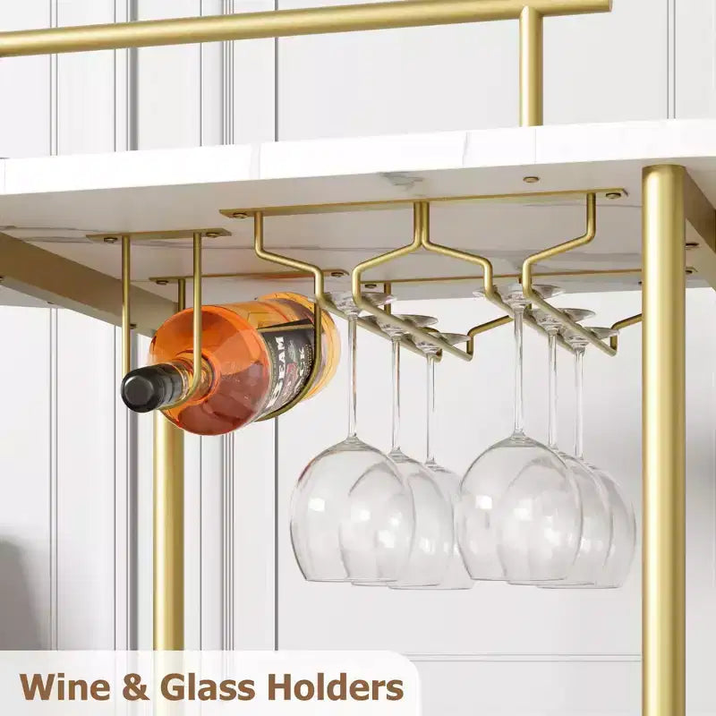 Gold Bar Carts with 4-Tiers Storage Shelves, Mobile Bar Serving Carts on Wheels with Wine Rack and Glass Holder for Kitchen, Dining Room, Living Room