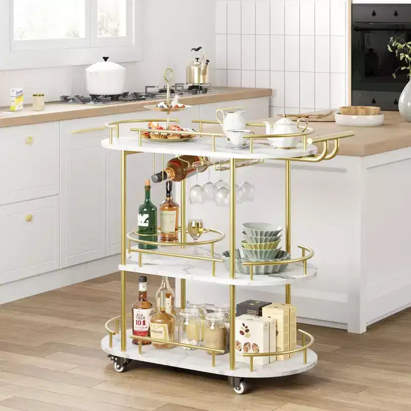 Gold Bar Carts with 4-Tiers Storage Shelves, Mobile Bar Serving Carts on Wheels with Wine Rack and Glass Holder for Kitchen, Dining Room, Living Room