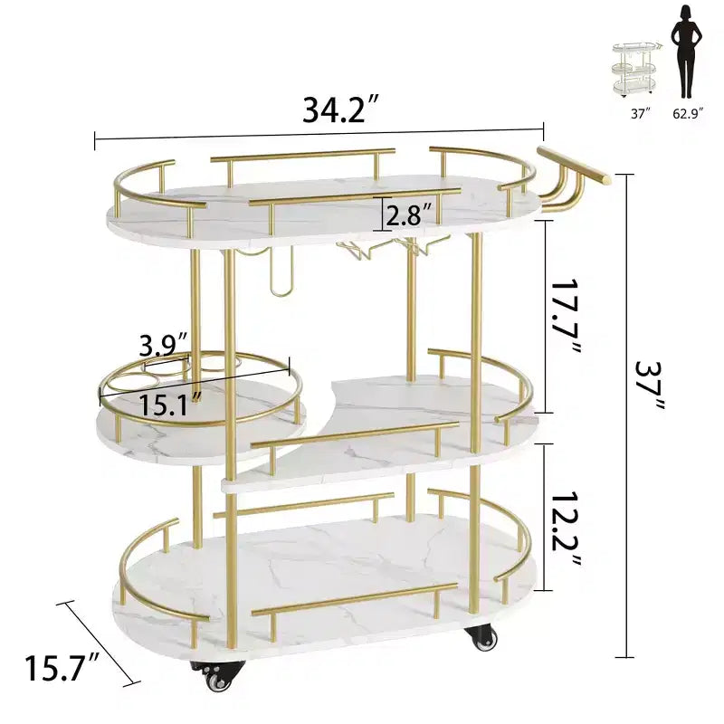 Gold Bar Carts with 4-Tiers Storage Shelves, Mobile Bar Serving Carts on Wheels with Wine Rack and Glass Holder for Kitchen, Dining Room, Living Room