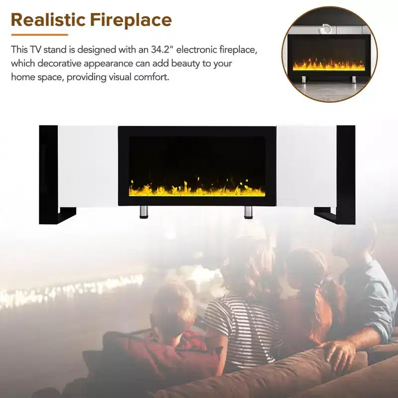 Modern Tv Stand, Fireplace Tv Stand with 34.2 Electric Fireplace, 2 Large Cabinets, Shelves Minimalist Entertainment Center TV Console White