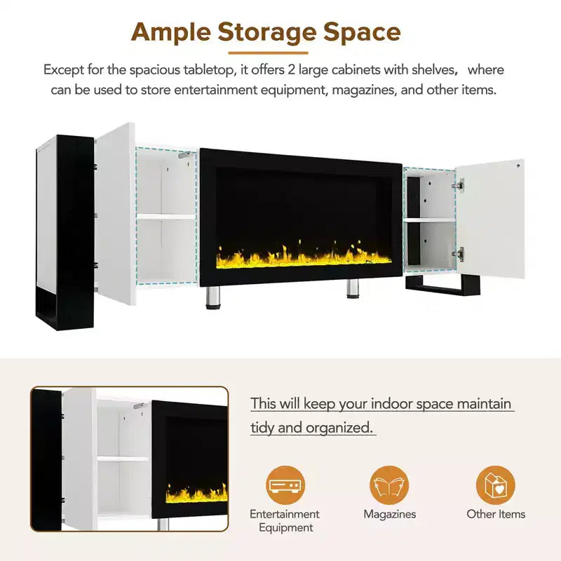 Modern Tv Stand, Fireplace Tv Stand with 34.2 Electric Fireplace, 2 Large Cabinets, Shelves Minimalist Entertainment Center TV Console White