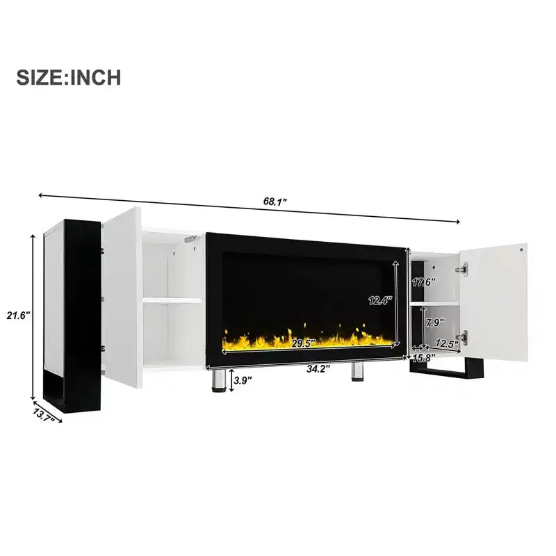 Modern Tv Stand, Fireplace Tv Stand with 34.2 Electric Fireplace, 2 Large Cabinets, Shelves Minimalist Entertainment Center TV Console White