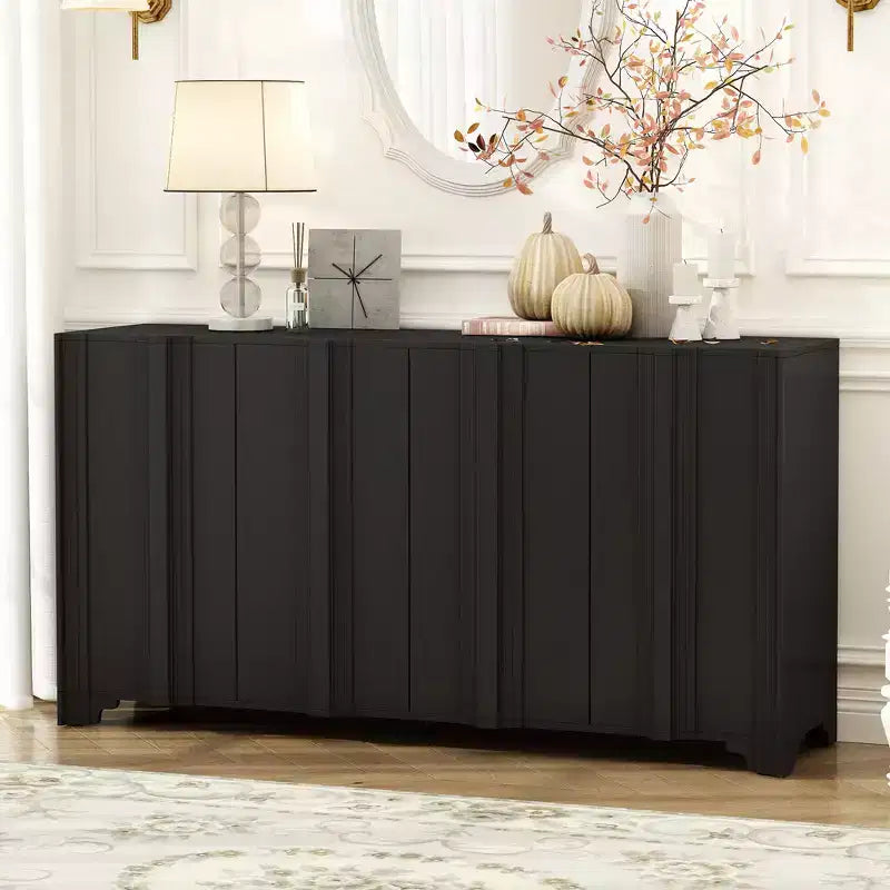 Exquisite four-door sideboard, adorned with intricate linear embellishments and luxurious multi-layered pine veneer design elements Black