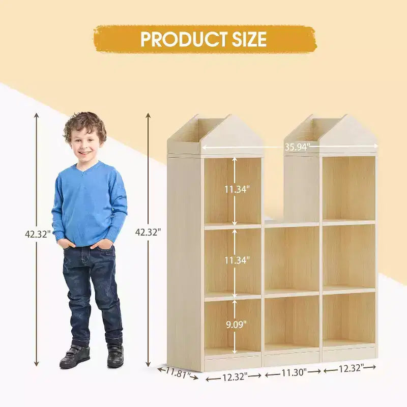 Toy Storage Organizer 8-Cubby Kids Bookshelf Natural Bookcase Toddlers Playhouse Cabinet Shelf for Boys Girls Wooden Cubby Storage Toy Shelf