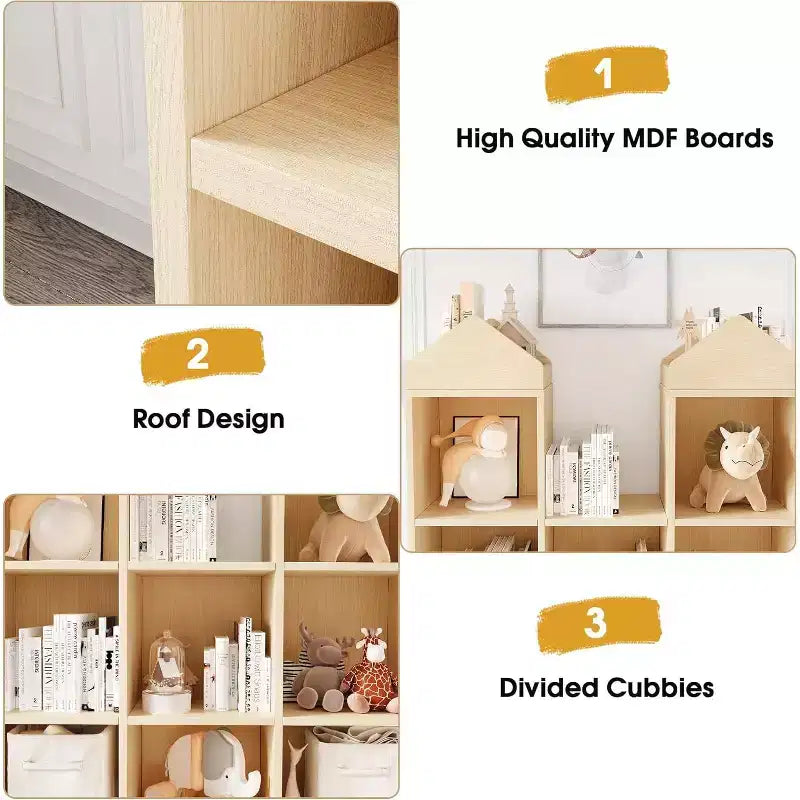 Toy Storage Organizer 8-Cubby Kids Bookshelf Natural Bookcase Toddlers Playhouse Cabinet Shelf for Boys Girls Wooden Cubby Storage Toy Shelf