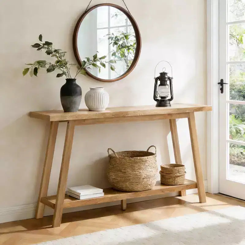 Bekrvio Solid Oak Entryway Console Table, 59 Narrow Sofa Table with 2-Tier Shelf, Stable Trapezoid Base, Farmhouse Hallway Table for Living Room