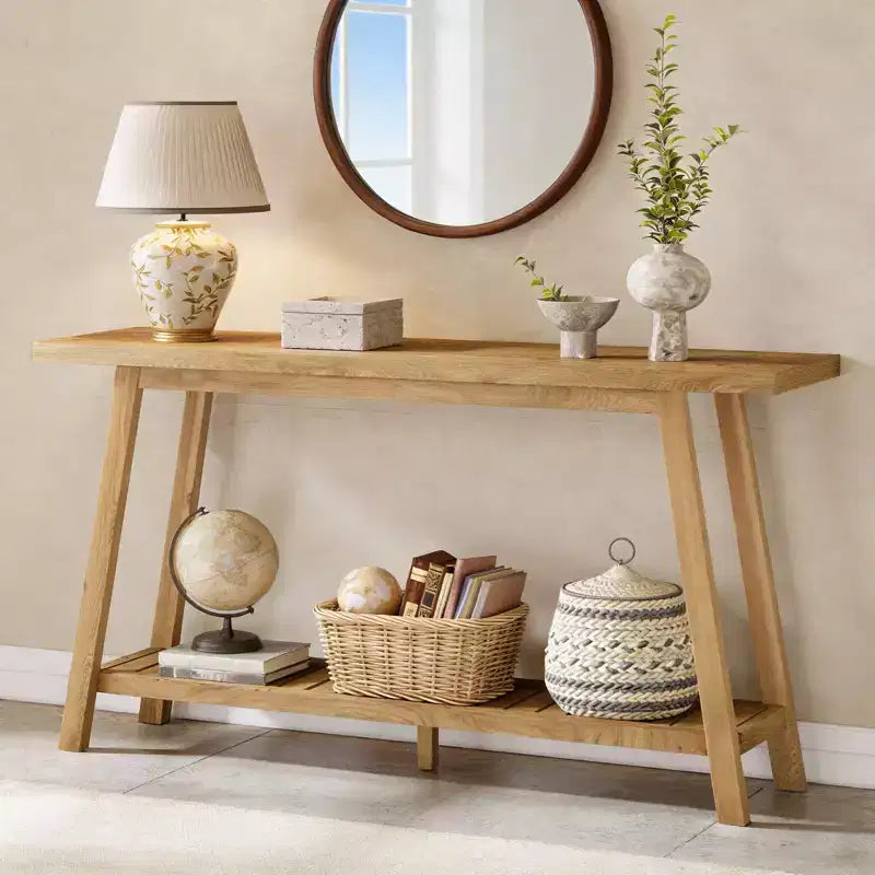 Bekrvio Solid Oak Entryway Console Table, 59 Narrow Sofa Table with 2-Tier Shelf, Stable Trapezoid Base, Farmhouse Hallway Table for Living Room
