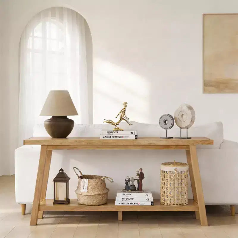 Bekrvio Solid Oak Entryway Console Table, 59 Narrow Sofa Table with 2-Tier Shelf, Stable Trapezoid Base, Farmhouse Hallway Table for Living Room