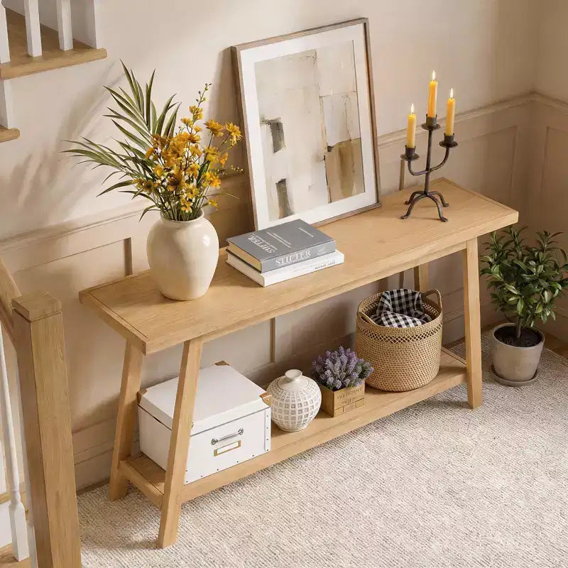 Bekrvio Solid Oak Entryway Console Table, 59 Narrow Sofa Table with 2-Tier Shelf, Stable Trapezoid Base, Farmhouse Hallway Table for Living Room