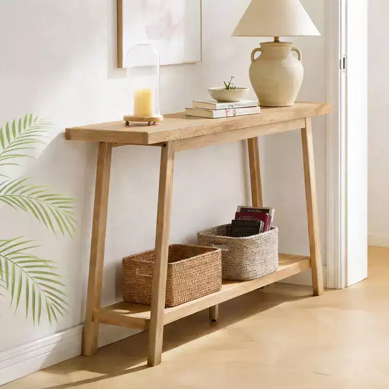 Bekrvio Solid Oak Entryway Console Table, 59 Narrow Sofa Table with 2-Tier Shelf, Stable Trapezoid Base, Farmhouse Hallway Table for Living Room