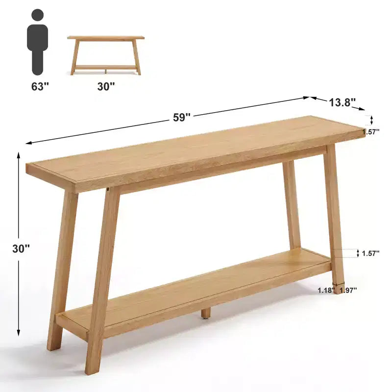 Bekrvio Solid Oak Entryway Console Table, 59 Narrow Sofa Table with 2-Tier Shelf, Stable Trapezoid Base, Farmhouse Hallway Table for Living Room