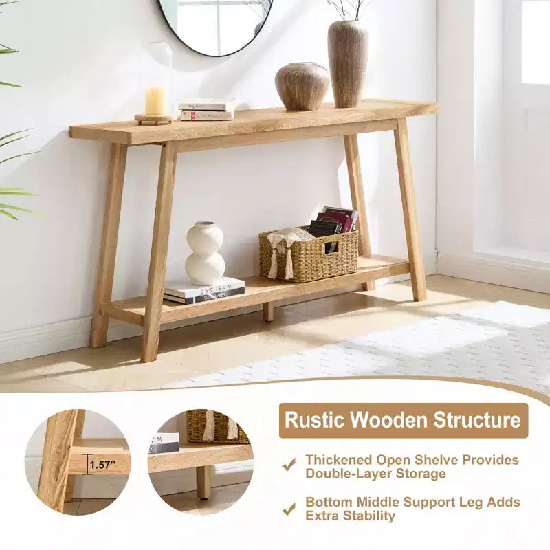 Bekrvio Solid Oak Entryway Console Table, 59 Narrow Sofa Table with 2-Tier Shelf, Stable Trapezoid Base, Farmhouse Hallway Table for Living Room