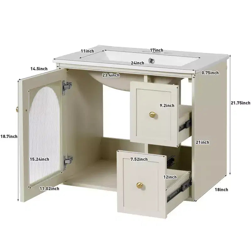 24 Wall Bathroom Cabinet with Storage, Bathroom Vanity Sink Combo with Drawers and Soft-Close Door, Small Single Sink Bathroom Vanity