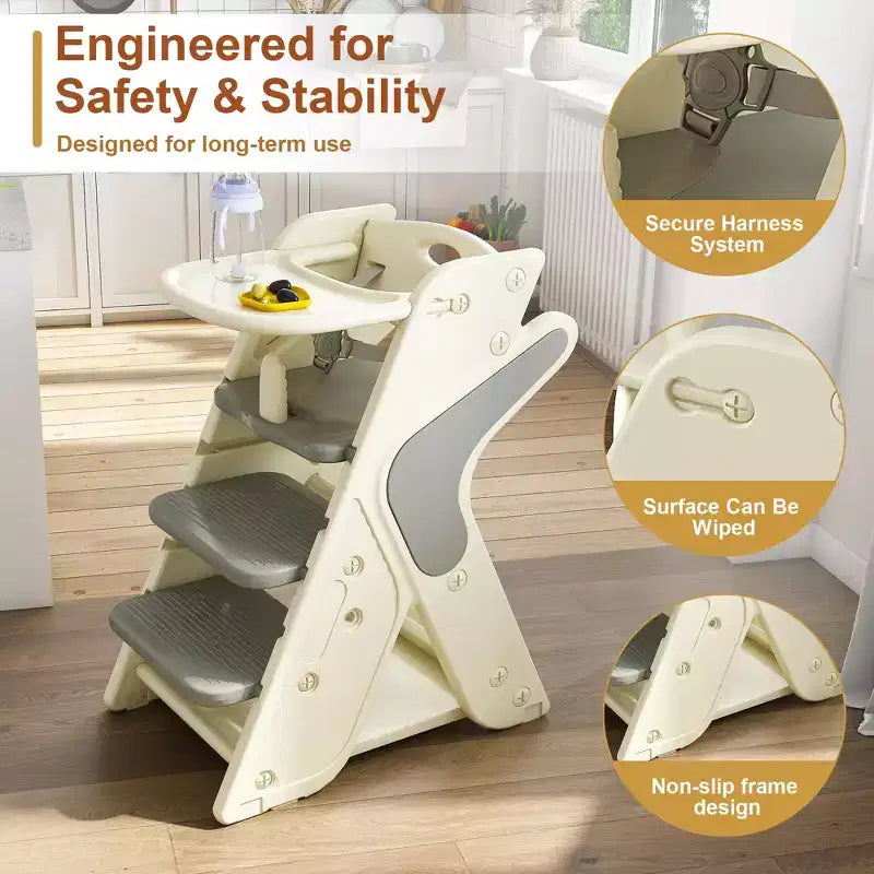 GDFStudio Sarun Modern Polyethylene Multi Functional Kids Dining Chair with Adjustable Footrest and Movable Tray
