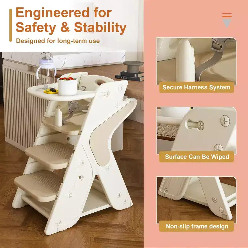 GDFStudio Sarun Modern Polyethylene Multi Functional Kids Dining Chair with Adjustable Footrest and Movable Tray