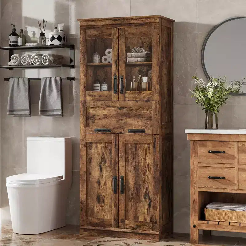 67 Tall Bathroom Storage Cabinet with 4 Doors and Drawer, Adjustable Shelves, Freestanding Organizer for Bathroom, Kitchen, and Living Room, Brown