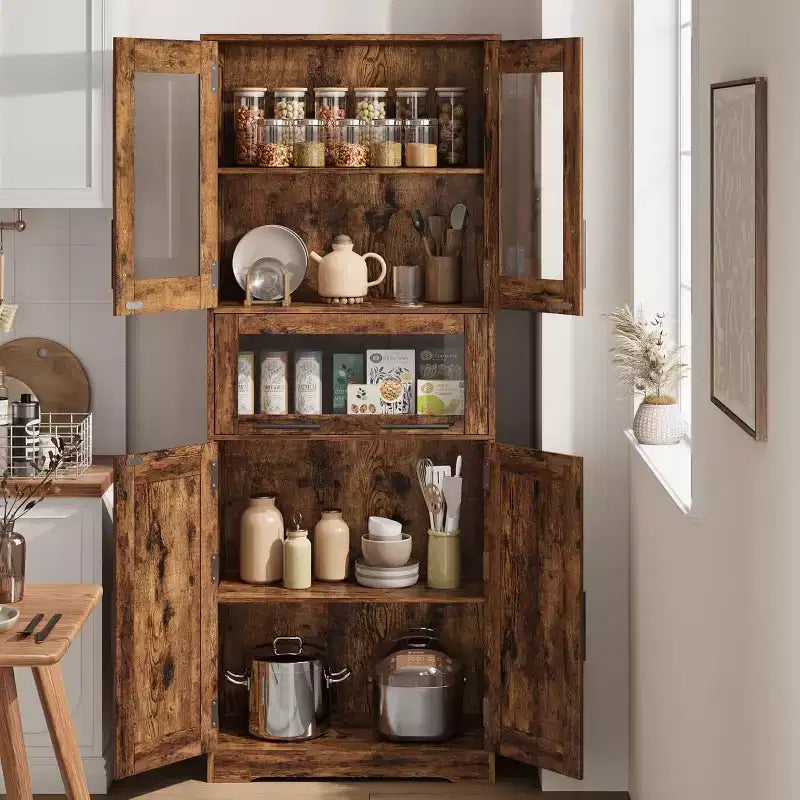 67 Tall Bathroom Storage Cabinet with 4 Doors and Drawer, Adjustable Shelves, Freestanding Organizer for Bathroom, Kitchen, and Living Room, Brown