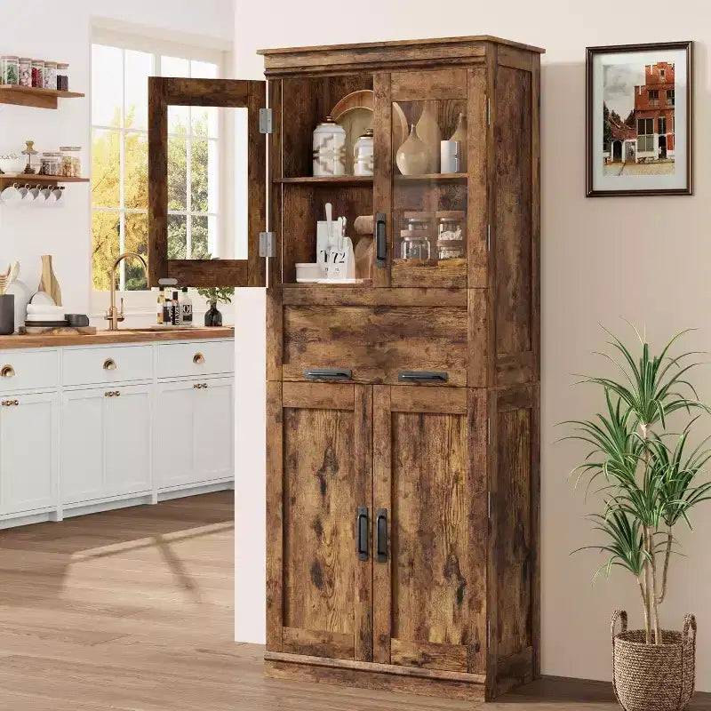 67 Tall Bathroom Storage Cabinet with 4 Doors and Drawer, Adjustable Shelves, Freestanding Organizer for Bathroom, Kitchen, and Living Room, Brown